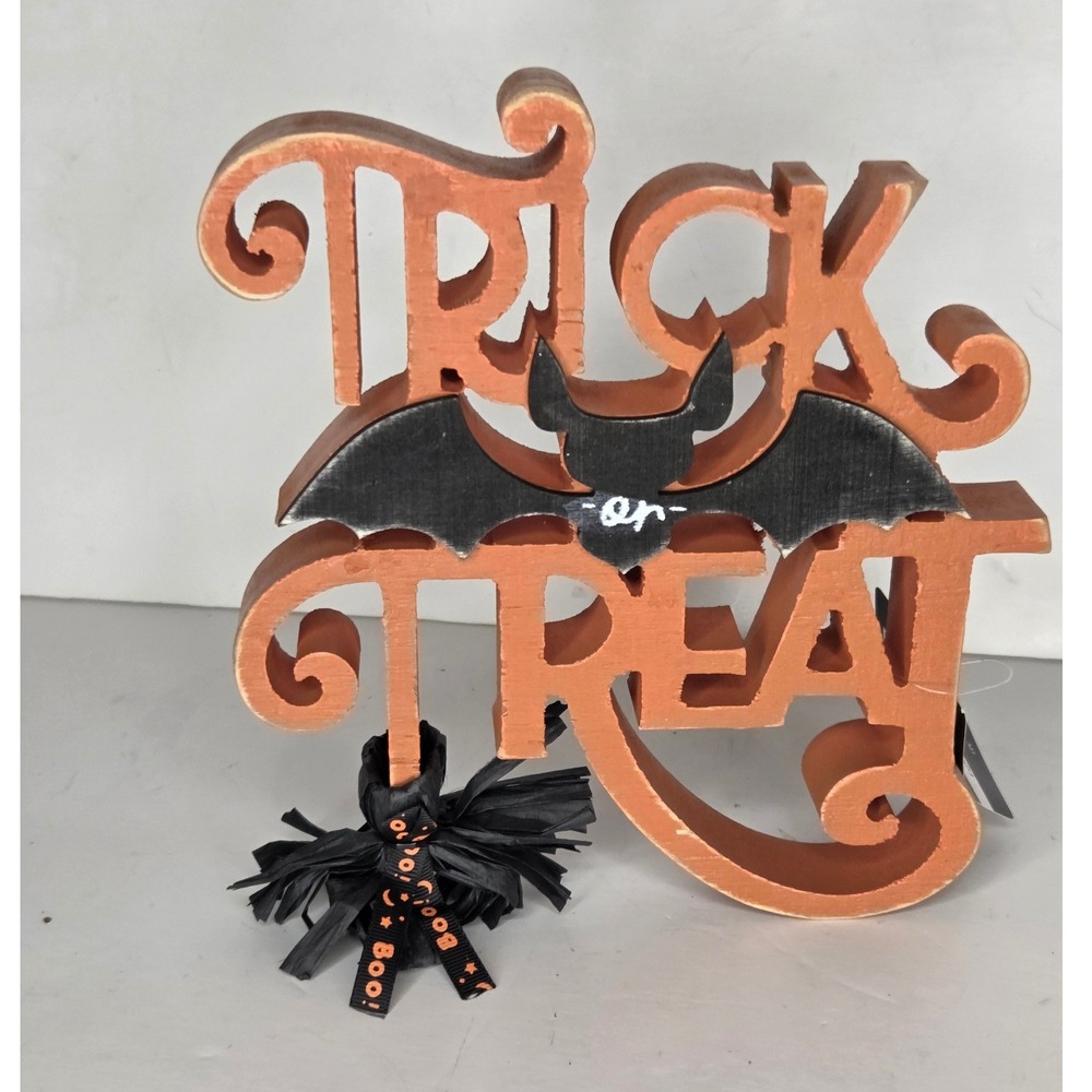 Ashland Halloween Trick or Treat Tabletop Sign Wood Bat Spider Decor Orange